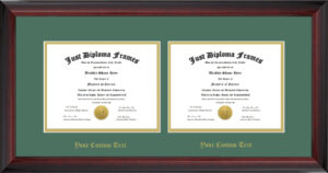 Side by Side Double Diploma Frame - Mahogany Frame-Green Mat-Custom Text